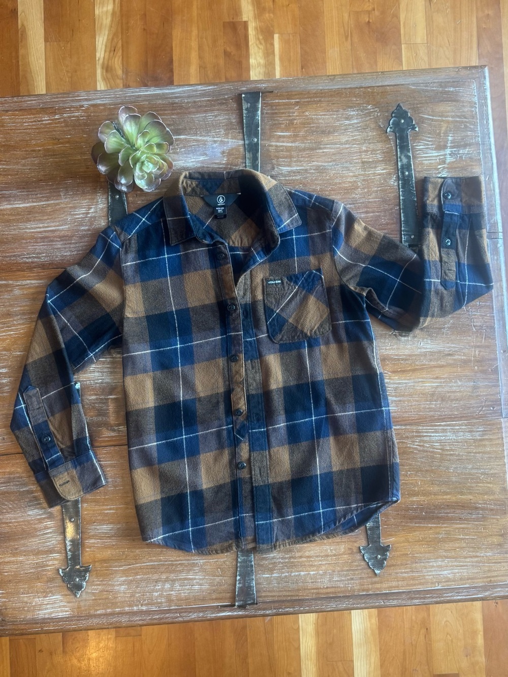 Volcom Boys' Plaid Flannel Long Sleeve Shirt - Blue & Brown